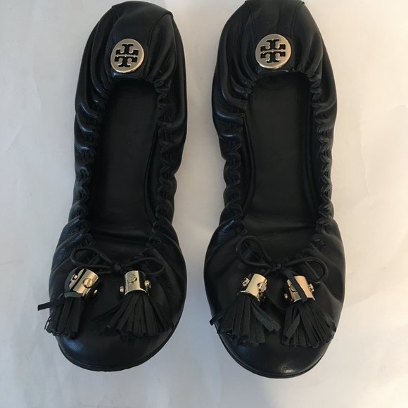 Tory Burch Reese Mestico Black Leather Tassel Ballerina Flats 8 - Picture 3 of 12